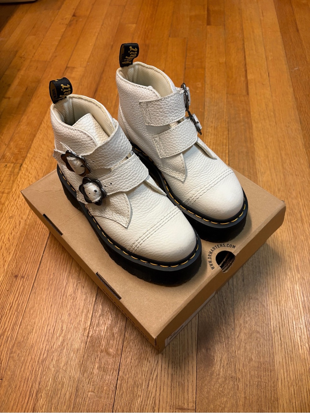 Dr. Martens Devon Flower White Leather Double-Buckle Ankle Boots